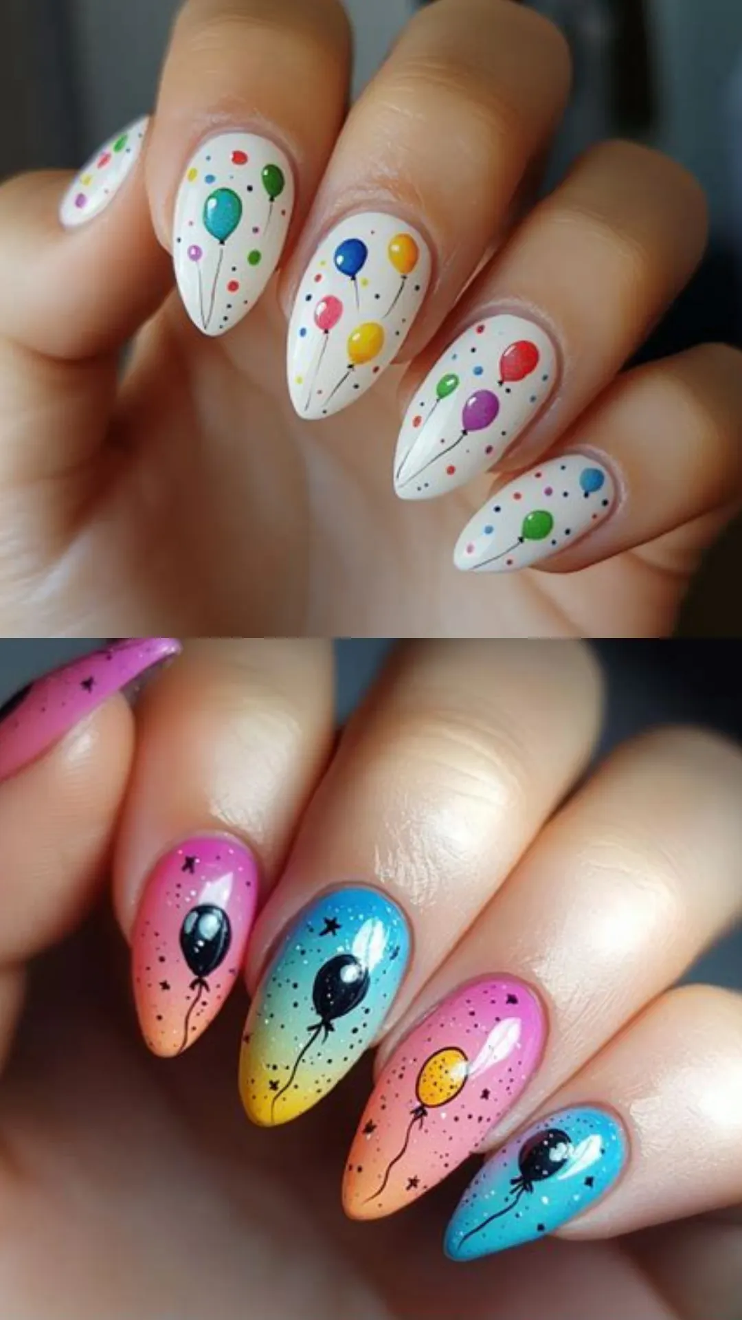 Short square birthday nails featuring a white base decorated with multicolored metallic confetti dots and a detailed illustration of a pink tiered birthday cake on a stand.