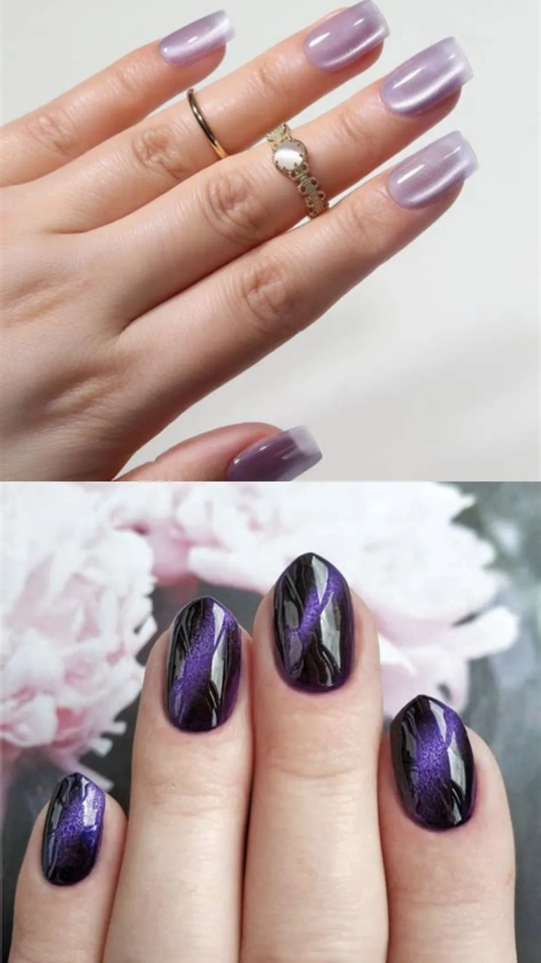 Ethereal cat-eye nail art featuring a soft, shimmery silver-purple velvet magnetic polish (top) alongside a deep purple and black cat-eye design with a bright cosmic stripe (bottom).