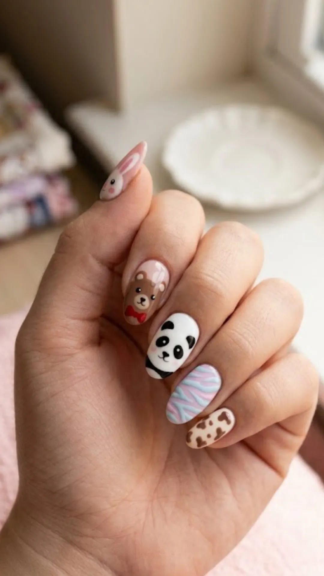Adorable kawaii animal nail art featuring detailed paintings of a brown teddy bear with a red bow, a cute panda face, a pink rabbit on the thumb, and accent nails with pastel zebra stripes and brown cow print.