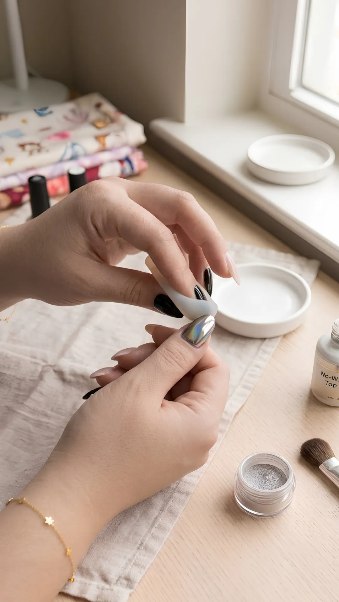 Step 4 of a chrome nail tutorial showing a person using a white sponge applicator tool to rub silver chrome powder onto a cured gel nail, transforming it into a high-shine mirror finish.