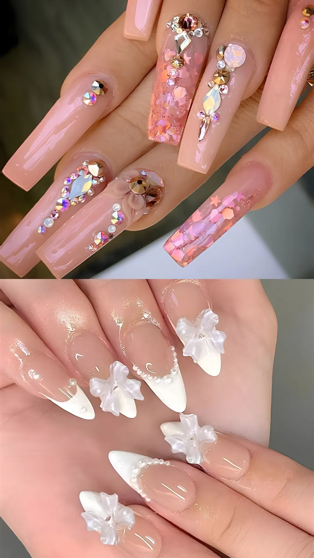 A two-panel showcase of luxury 3D nail art; the top displays extra-long square acrylic nails in translucent pink jelly, packed with pink star glitter, chunky gems, and a sculpted 3D flower. The bottom displays elegant almond nails with crisp white tips, decorated with dainty pearl borders and oversized clear 3D resin floral charms.