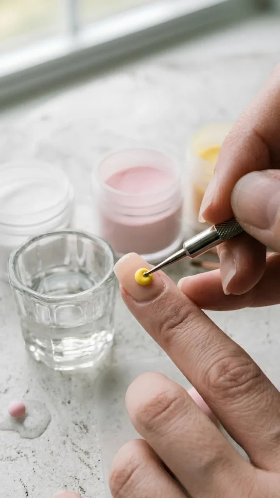 A close-up showing a metal dotting tool pressing into a small, bright yellow acrylic bead placed on the center of a nude-colored nail tip to create a flower center. Jars of pastel acrylic powders and a glass dappen dish sit in the background.