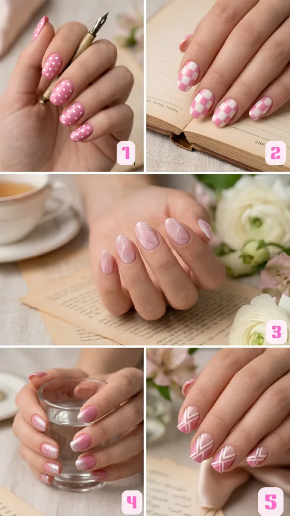 A collage of five soft pink nail art designs. Panel 1: Classic white polka dots neatly patterned over a solid pink polish. Panel 2: Pink and white checkered grid pattern over an open book. Panel 3: Elegant pink quartz marble design with soft white veins. Panel 4: Medium pink base with a subtle silver glitter gradient on the tips. Panel 5: Sharp geometric white lines forming abstract chevrons over a dusty pink base.