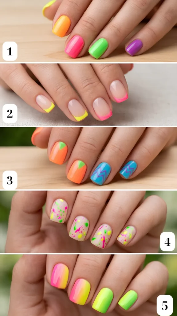 A collage of five bold, neon summer manicures. 1: A multi-colored skittle manicure featuring bright orange, hot pink, lime green, and purple nails. 2: Minimalist French manicure with glowing neon pink and neon yellow tips. 3: Vibrant neon orange and bright blue nails detailed with geometric chevrons. 4: A milky white base covered in fun splatters of neon pink, yellow, and green polish. 5: Seamless neon gradients fading from hot pink to bright yellow and lime green.