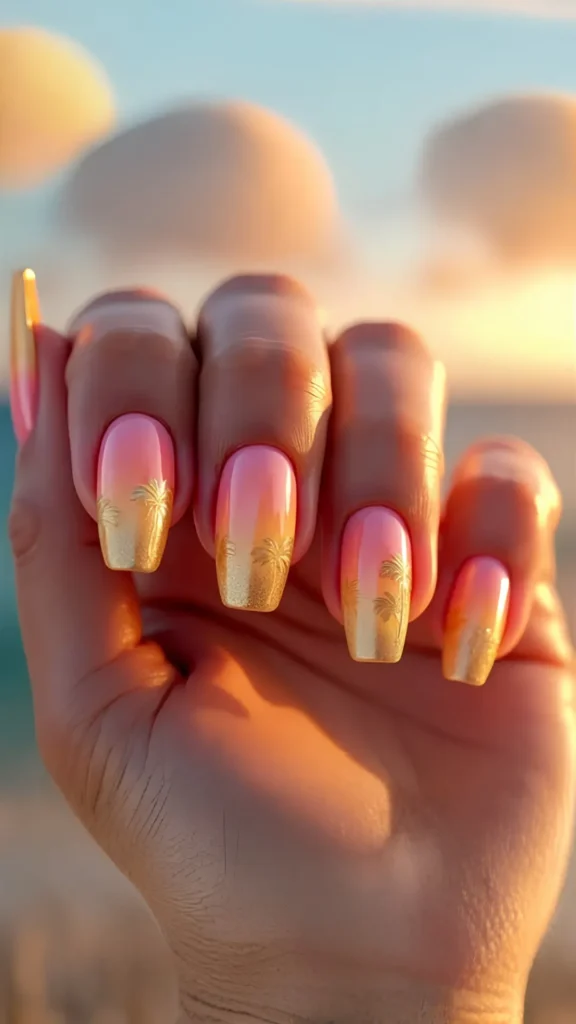 A hand positioned against a blurry sunset beach background, showcasing square-tipped nails. The nail art features a soft pink-to-yellow sunset gradient base layer, topped with shimmering, glittery gold metallic palm tree stamps along the tips.