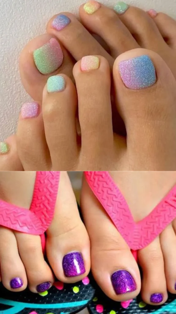 A two-panel graphic presenting sparkling gradient pedicures. The top image shows a subtle, multi-colored pastel ombre design with a fine sugary glitter texture transitioning across shades of blue, pink, and yellow. The bottom image features feet in bright pink flip-flops showing off a deep violet-to-purple glitter gradient pedicure.