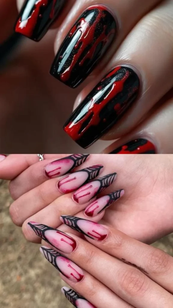 A two-panel display of dramatic vampire-themed manicures. The top panel reveals square nails coated in a black glitter base with realistic, glossy 3D bright red blood drips cascading down the surface. The bottom panel features extra-long stiletto nails with a nude base, styled with abstract black spiderweb French tips and splatters of dark red polish.