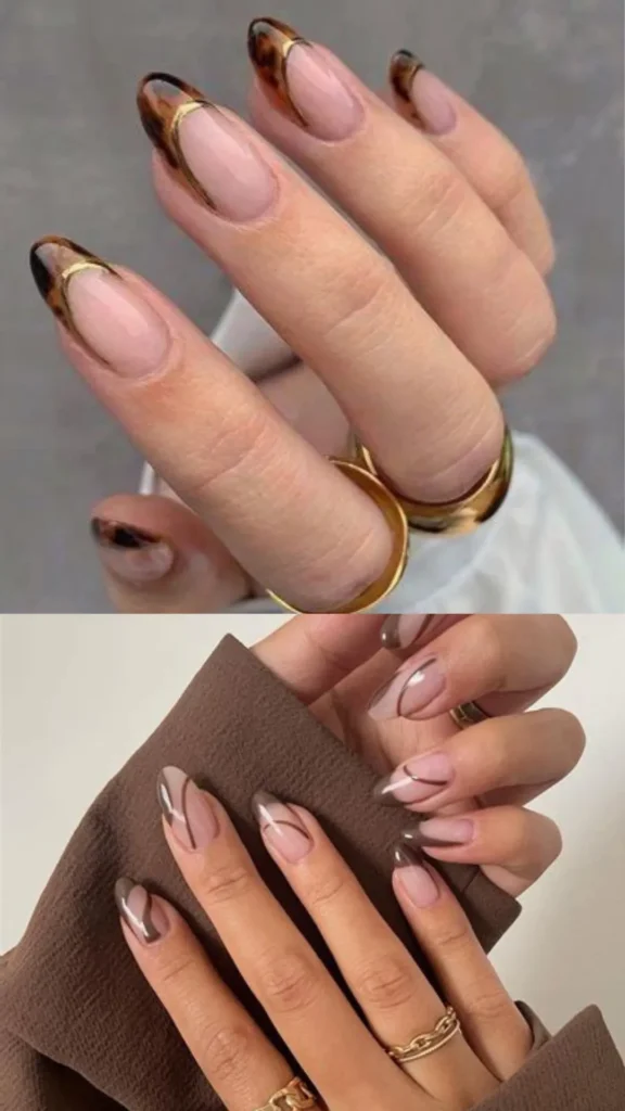 A two-panel visual of sophisticated brown French tip variations. The top panel features almond nails with a sheer nude base and classic tortoiseshell French tips outlined by a thin, gleaming metallic gold curve. The bottom panel displays a minimalist look on almond nails with a clear base, crisp espresso-brown tips, and matching ultra-fine wavy lines slicing across the center.