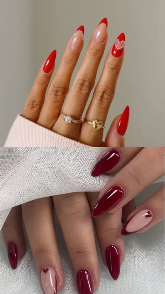 A two-panel showcase of romantic red nail art. The top panel shows almond nails with bright red polish, classic French tips, and a delicate white pearl bead heart design. The bottom panel displays a more vampy alternative with deep cherry red glossy nails and a nude accent nail featuring a dark red French tip and a minimalist red heart.