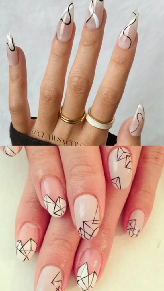 A two-panel display of minimalist line art and geometric structures. The top panel displays sharp stiletto nails with a sheer nude base embellished with crisp white swooshes and a single fine black line curving down each nail. The bottom panel features short round nails with an architectural design of black geometric intersecting lines forming triangle and diamond shapes over a translucent milky base.