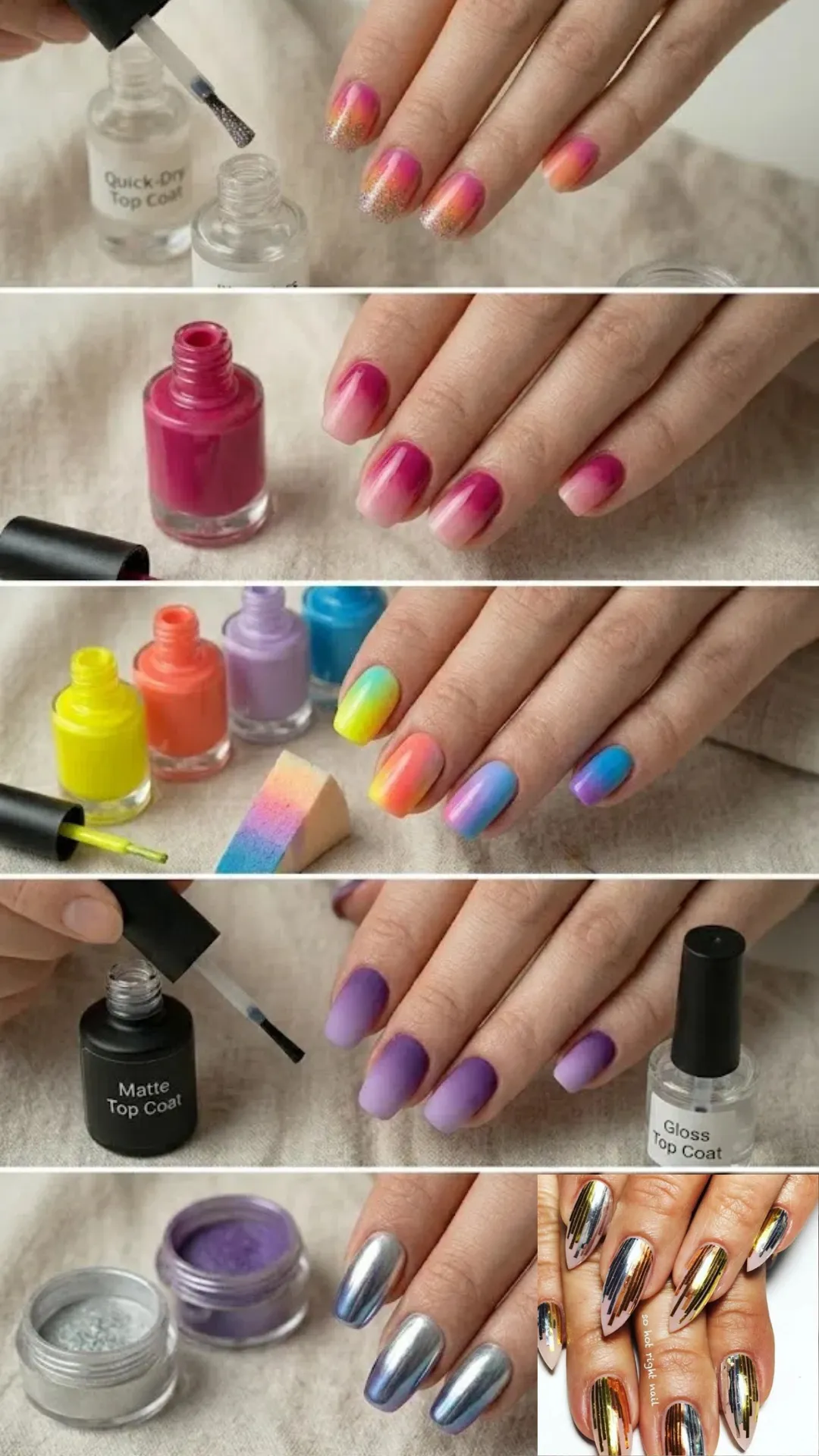 A five-panel showcase of different creative finishes for ombre nail art. From top to bottom, the panels display an orange-and-pink ombre with a silver glitter top coat, a soft vertical pink-to-magenta blend, a vibrant five-color rainbow pastel gradient, a deep violet-to-lavender gradient with a velvety matte top coat, and a metallic mirror-shine chrome powder finish over a blue-purple ombre base.