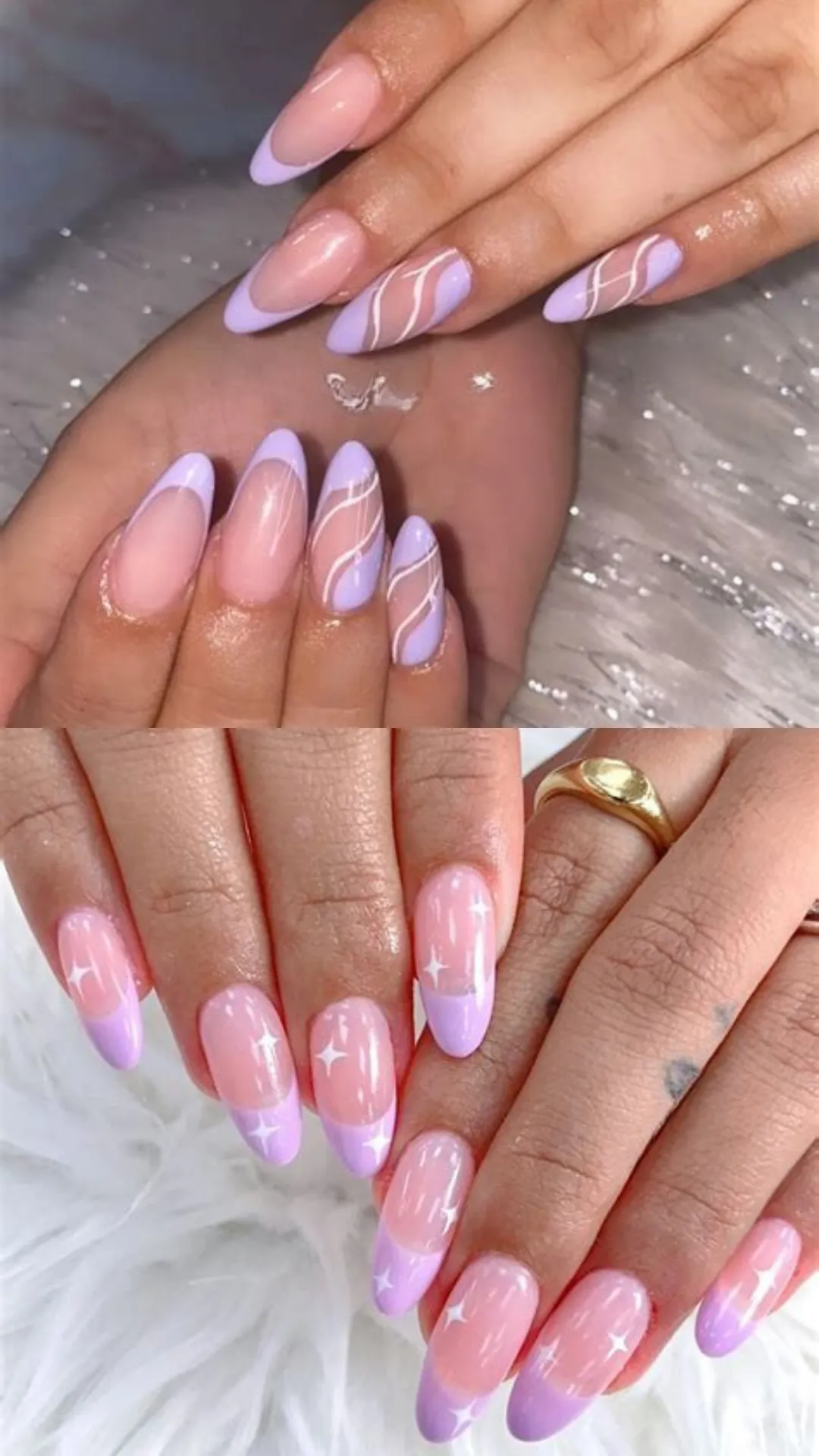 Graceful almond-shaped nails featuring a mix of lavender French tips and wavy white abstract swirls (top) alongside a sheer pink manicure finished with lavender French tips and sparkling white starbursts (bottom).