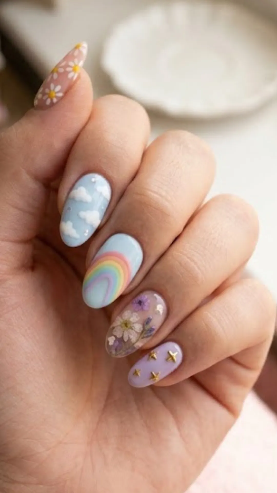 Dreamy sky and nature-themed nail art on long almond nails, featuring white fluffy clouds on light blue, a soft rainbow gradient, a clear accent nail with real pressed purple flowers, and a lavender nail with gold star studs.
