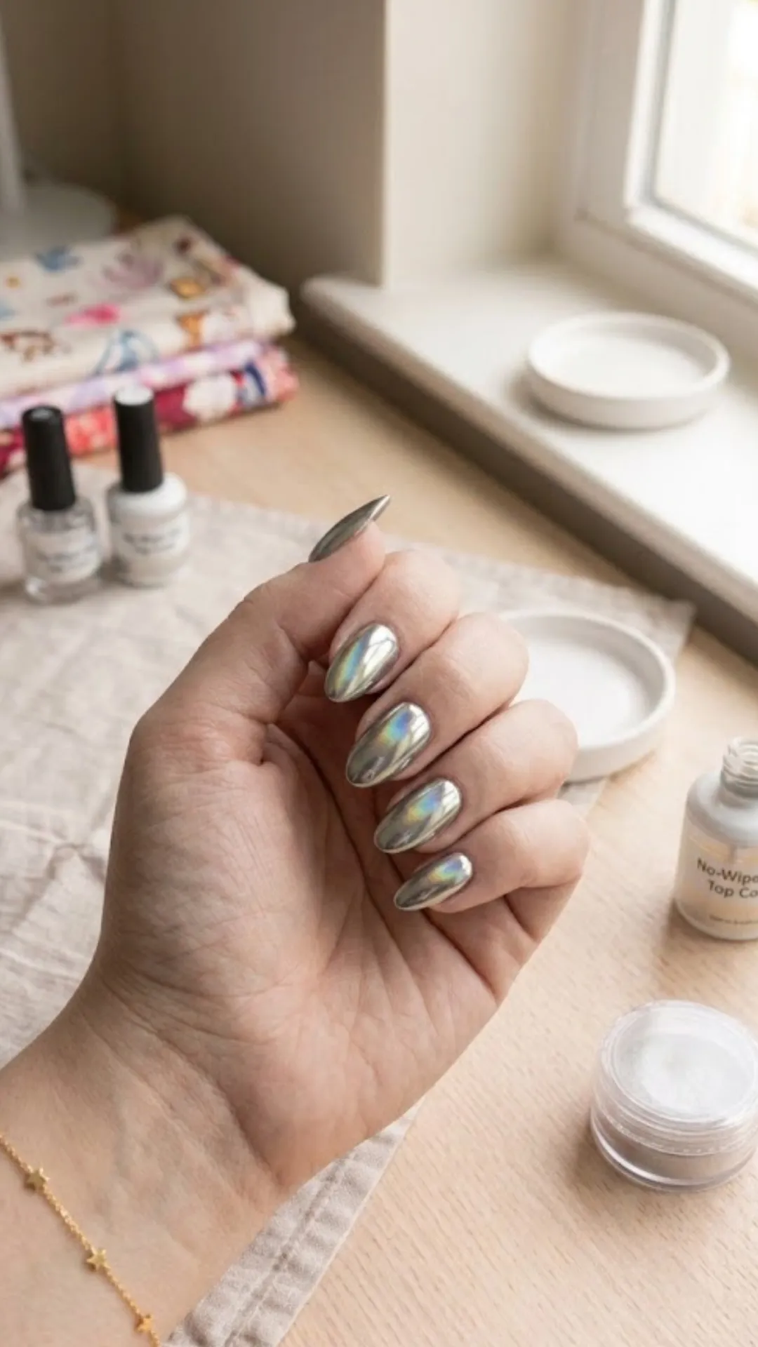 A close-up of a finished hand showcasing a flawless, full set of long almond chrome nails reflecting an iridescent rainbow sheen under natural window light.