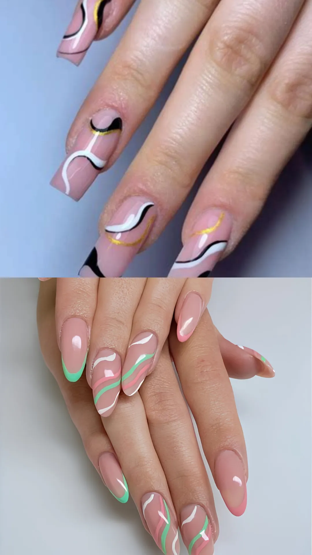 A two-panel look at vibrant abstract swirl nail art; the top image shows square nails with a nude base decorated with flowing black, white, and metallic gold wavy lines. The bottom image shows medium almond nails featuring playful, retro-inspired wavy lines in pastel mint green, coral pink, and crisp white.