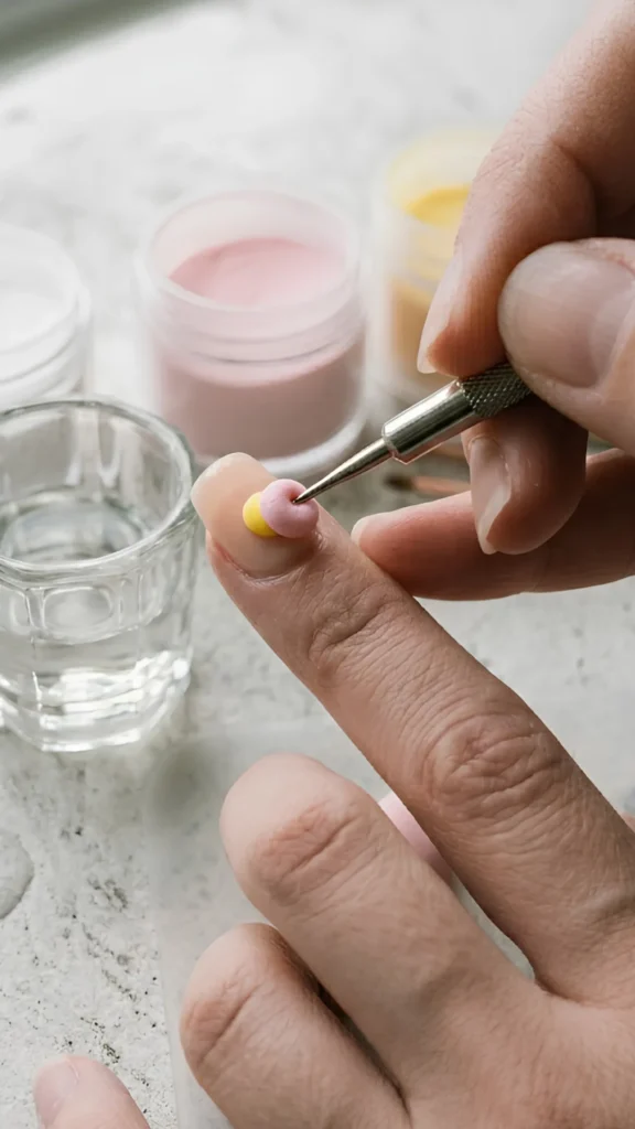 A close-up view of a metal tool pressing a small pink acrylic bead right next to a yellow center bead on a nude nail tip to form the flower's first petal. Jars of pink and yellow acrylic powder and a dappen dish of clear liquid sit blurred in the background.
