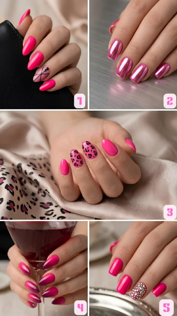 A collage of five bright hot pink nail art designs. Panel 1: Vibrant hot pink almond nails featuring a single accent nail with abstract black geometric lines and dots. Panel 2: Full set of highly reflective metallic pink chrome nails. Panel 3: Neon pink manicure with bold black and pink leopard print on two accent nails. Panel 4: A deep pink-to-purple ombre gradient effect. Panel 5: Bright pink nails with the ring finger fully encrusted in sparkling silver rhinestones.