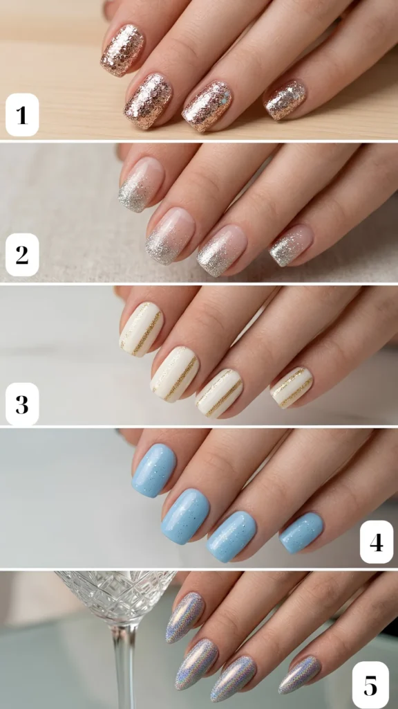 A collage of five shimmering, light-catching summer manicures. 1: Full-coverage rose gold glitter nails that glisten in the light. 2: Sheer, natural nails decorated with a subtle silver glitter gradient on the tips. 3: Creamy off-white nails split vertically down the center by a glittering gold stripe. 4: A crisp, sky-blue base infused with very fine, delicate silver micro-shimmer. 5: Long almond nails showcasing a highly reflective, prismatic holographic finish.