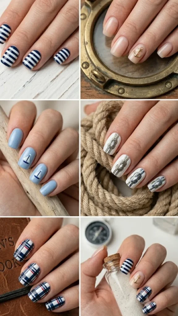 A collage of six different nautical-themed nail art ideas. The designs feature short, neat nails styled with classic navy blue and white horizontal stripes, minimalist anchor charms on sheer bases, delicate sailboat illustrations on sky blue polish, and detailed sailor knot patterns.