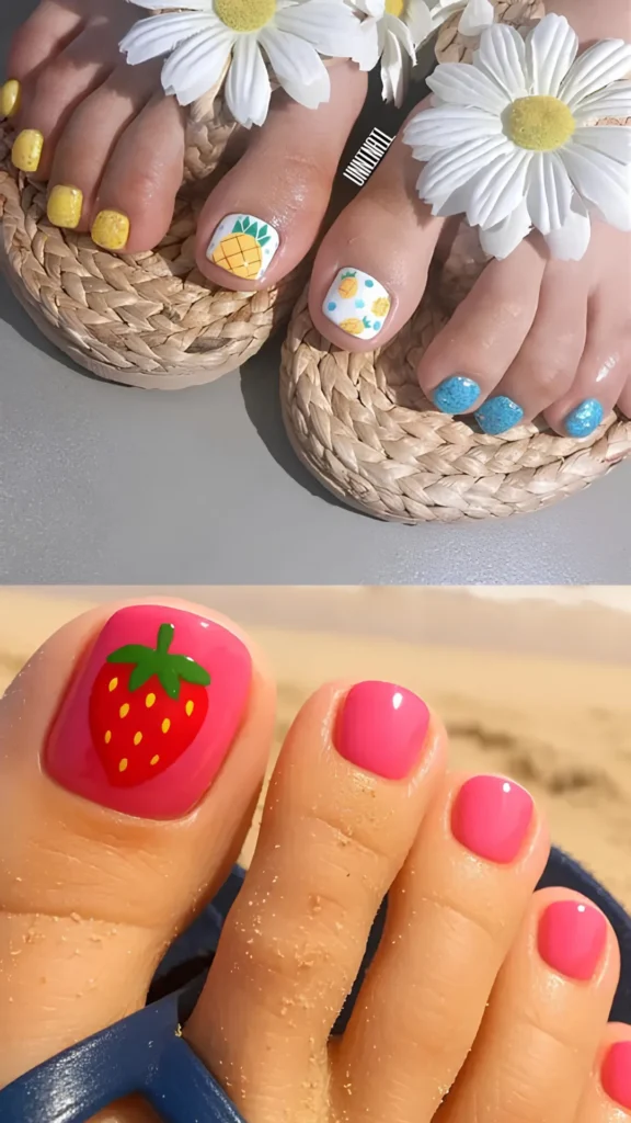 A two-panel image focusing on cute summer fruit pedicure themes. The top image shows feet wearing woven straw sandals with daisy flowers; one foot features bright yellow glitter polish and a pineapple nail art design on the big toe, while the other foot features a shimmering sky-blue polish. The bottom image shows a close-up of a foot on a sandy beach wearing a dark blue sandal, showcasing a glossy pink pedicure with a vibrant red-and-green strawberry illustration on the big toe nail.