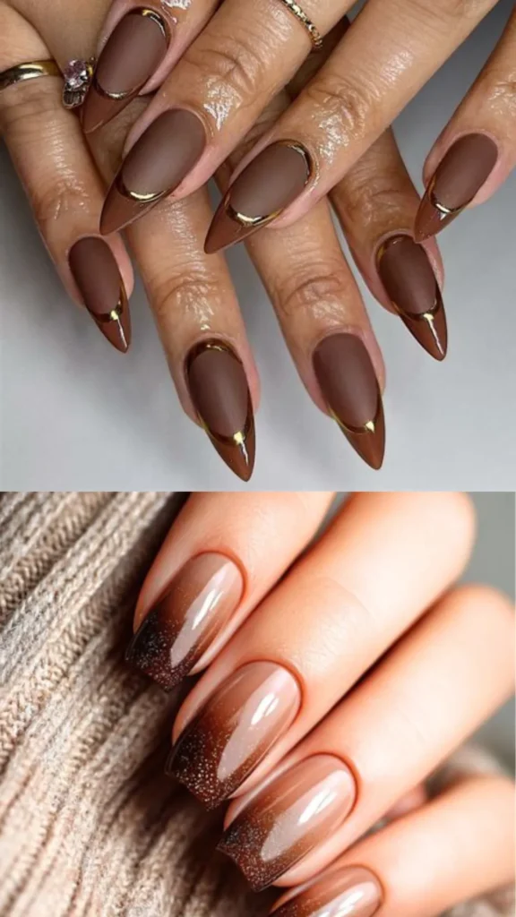 A two-panel image showing glamorous dark brown manicures. The top panel reveals sharp stiletto nails featuring a plush matte mocha brown base and high-gloss dark brown tips, beautifully separated by a metallic gold smile line. The bottom panel features square nails styled with a smooth ombre gradient fading from clear nude to deep chocolate brown, topped with a dusting of silver micro-glitter at the tips.