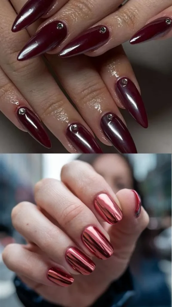 A two-panel visual of edgy and metallic nail styles. The top panel features sharp stiletto nails in a glossy, ultra-dark oxblood red, each accented with a single silver rhinestone stud near the cuticle. The bottom panel shows a high-shine metallic chrome manicure in a reflective rose-gold and ruby-red hue on square-shaped nails.