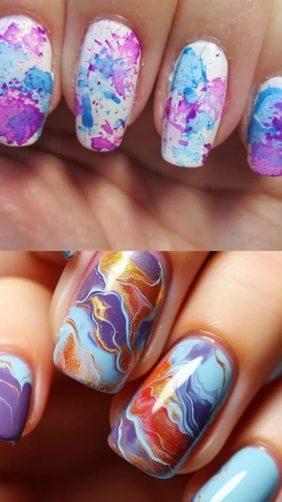 A two-panel image highlighting fluid paint-splatter and marble textures. The top panel shows white nails covered in an artistic, multi-toned blue and purple watercolor splatter design. The bottom panel reveals a detailed fluid art manicure on round nails, featuring rich, swirling ribbons of cerulean blue, dark purple, and burnt orange intertwined with metallic gold glitter veins.