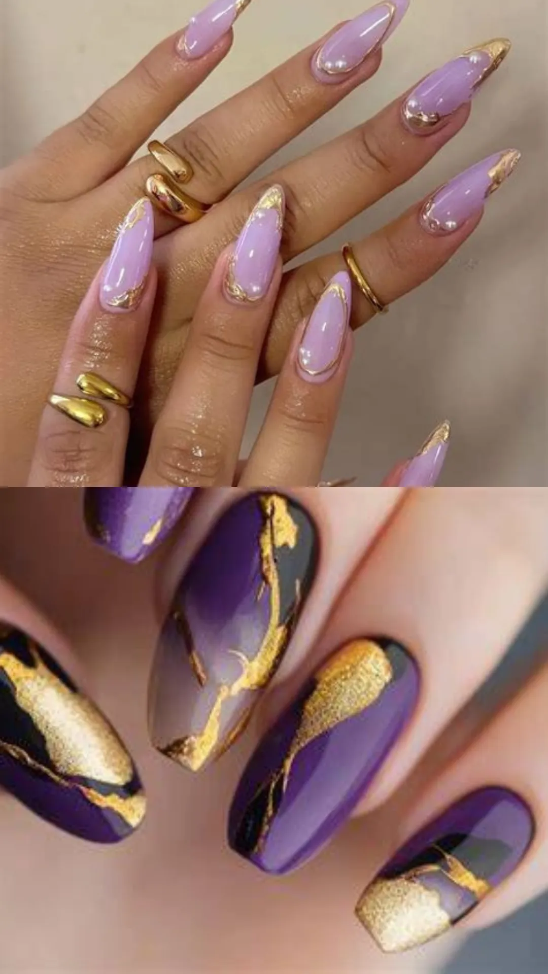Luxurious lavender nail art embellished with metallic gold foil borders and tiny pearls on long stiletto nails (top) next to a dark moody purple marble base accented by heavy gold foil cracks (bottom).