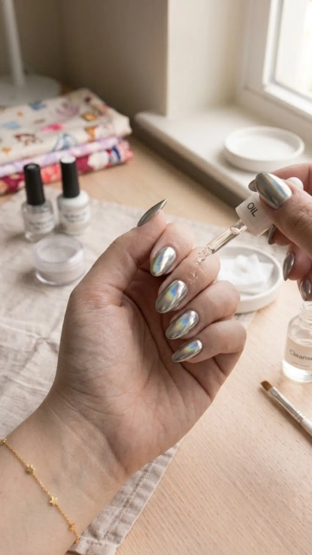 The final step of a chrome nail tutorial showing a person using a glass dropper to apply nourishing cuticle oil to the base of the freshly completed mirror-like metallic nails.