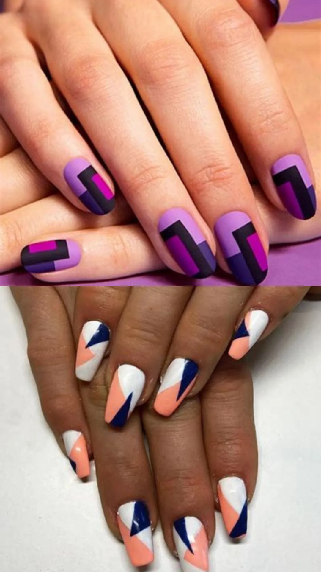 A two-panel display of bold geometric color-block nails; the top features a matte finish manicure with sharp angular blocks of purple, magenta, and dark plum. The bottom features a glossy finish with modern, sharp geometric triangles in deep navy blue, pastel peach, and clean white.