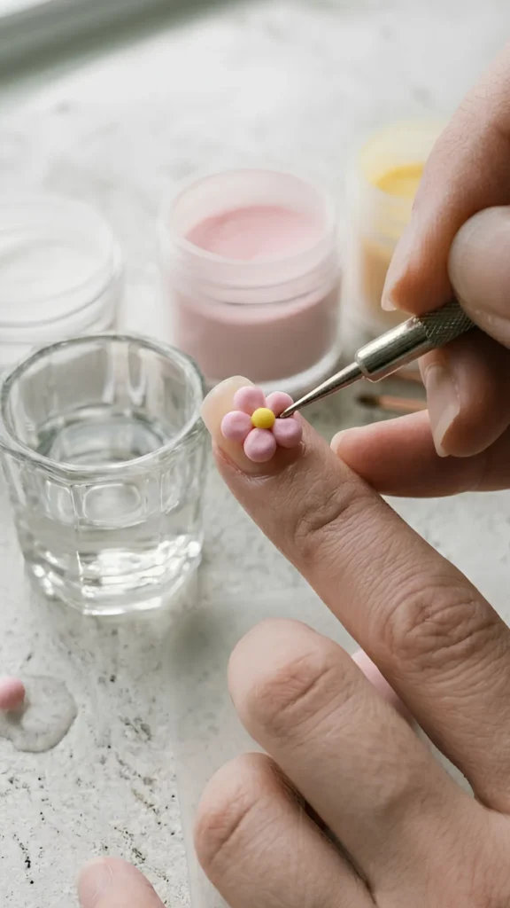 A close-up showing a metal tool shaping a five-petal pink flower with a yellow center on a nude-colored nail tip. Jars of pink, white, and yellow acrylic powders and a small glass dappen dish are neatly arranged on the table in the background.