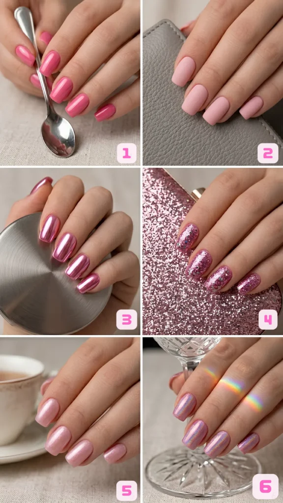 A collage of six medium pink nail art finishes. Panel 1: Glossy solid pink nails holding a small silver spoon. Panel 2: Soft matte pastel pink square nails against a textured gray surface. Panel 3: High-shine metallic hot pink chrome finish reflecting on a smooth metal cylinder. Panel 4: Pink nails covered in dense, chunky pink glitter held against a matching glitter purse. Panel 5: Soft pink lacquer with a subtle pearlescent shimmer. Panel 6: Holographic iridescent pink nails showing a rainbow light reflection next to a crystal glass.