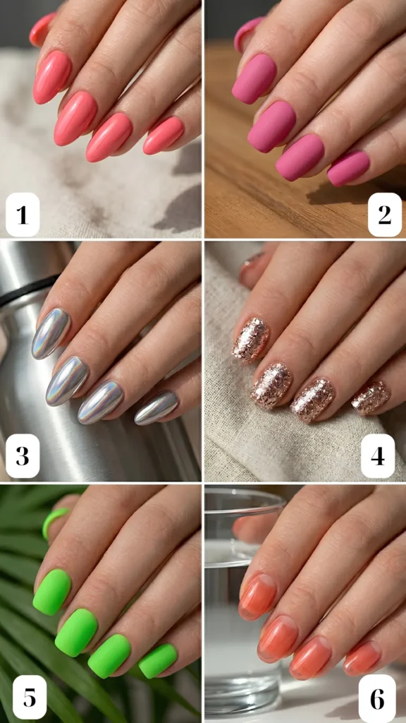 A collage of six solid and textured summer nail finishes. 1: High-gloss, vibrant coral-pink almond nails. 2: Velvet-like matte magenta square nails. 3: Ultra-reflective futuristic silver chrome finish. 4: Dazzling, textured bronze-rose gold chunky glitter nails. 5: Eye-catching matte neon slime green nails. 6: Translucent jelly nails in a juicy, clear orange shade.