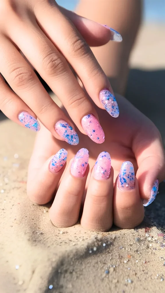 A close-up of hands resting on a sandy shore, displaying long almond-shaped nails. The manicure features a translucent baby pink base heavily coated with irregular, shimmering blue and iridescent glitter flakes that resemble glistening sea glass.