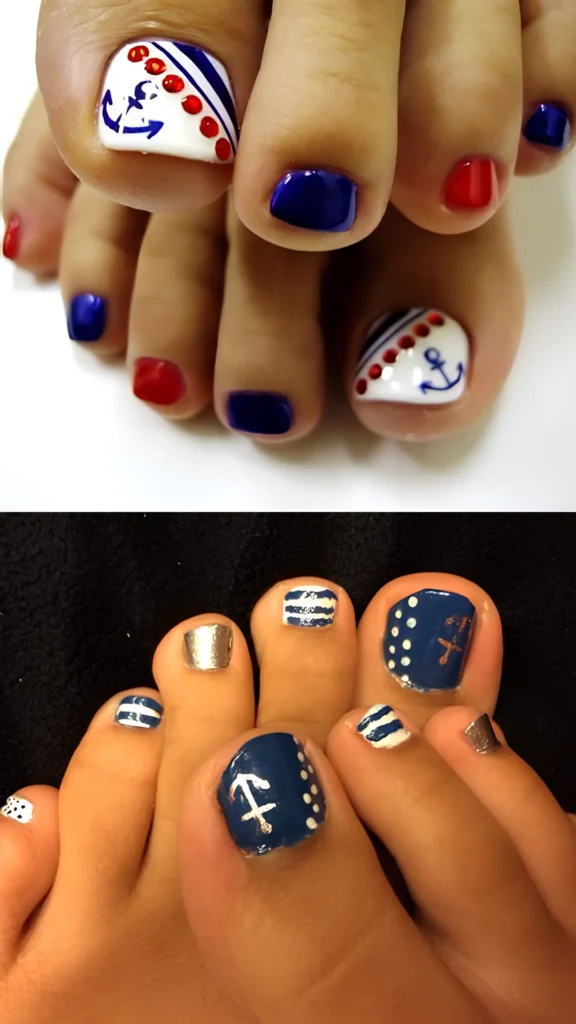A two-panel image showcasing nautical-themed pedicures. The top panel features a crisp white base on the big toe decorated with a blue anchor, diagonal red rhinestone accents, and navy blue stripes, paired with alternating solid red and blue smaller toes. The bottom panel displays a dark navy blue pedicure featuring a silver anchor stamp, white polka dots, classic maritime stripes, and shimmering metallic silver accent nails.