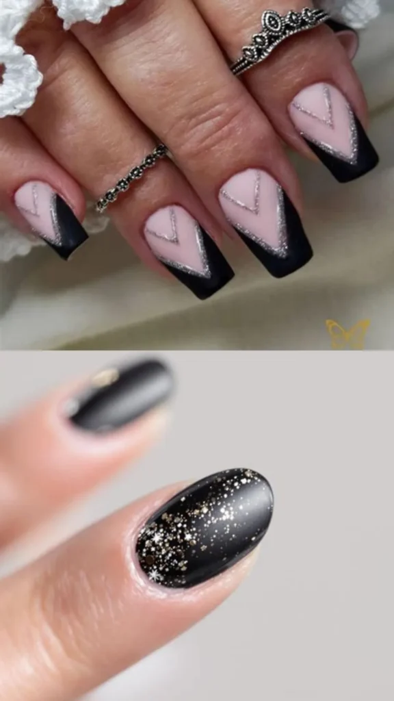A two-panel image showcasing modern, geometric black and metallic manicures. The top panel features long square nails with a pale pink base, framed by a thick matte black V-shaped French tip and bordered by sharp silver glitter chevron lines. The bottom panel shows a minimalist oval nail coated in a smooth satin black finish, accented with a dense spray of gold and silver glitter cascading from the cuticle.