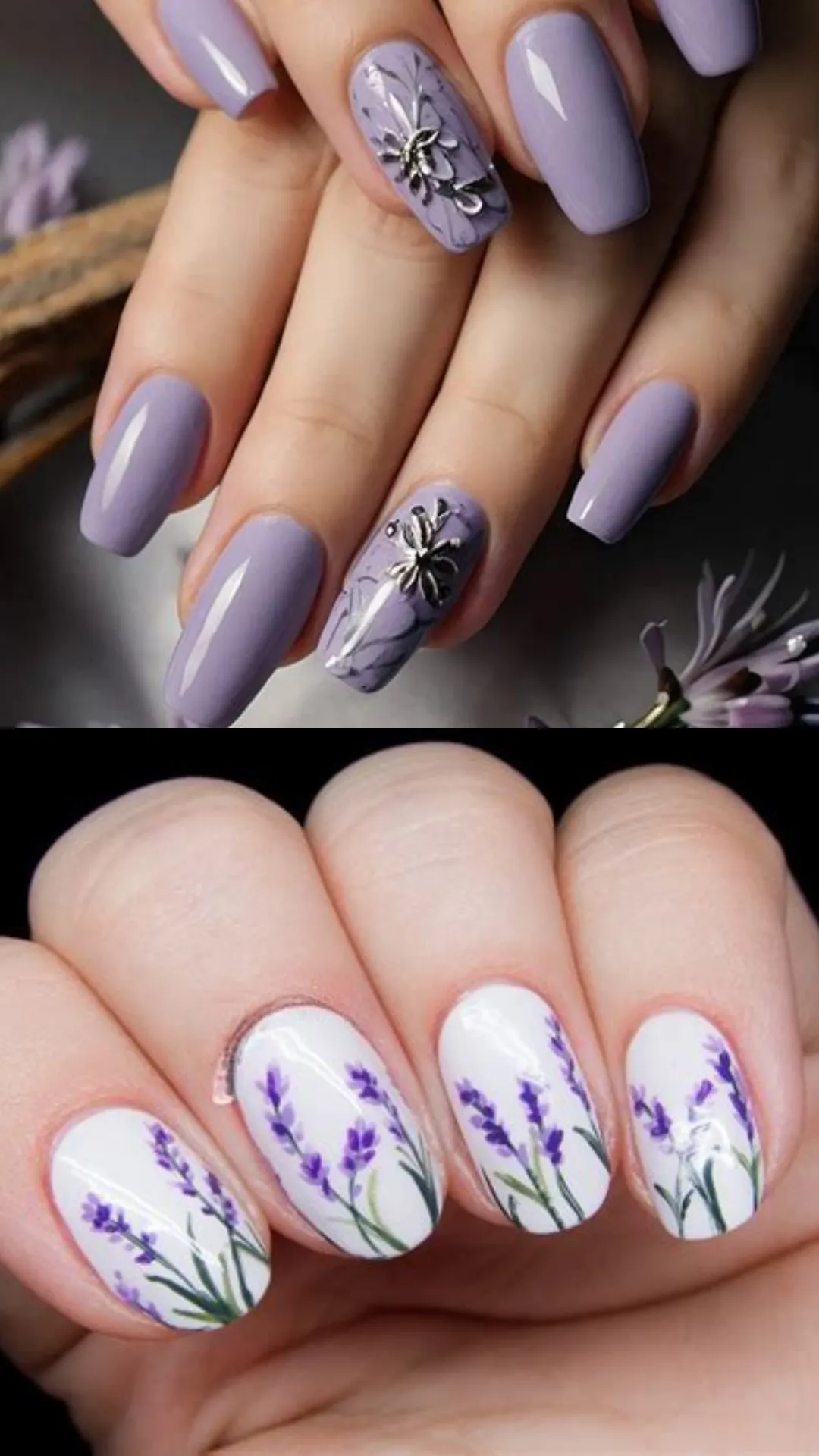 Sophisticated medium-length square lavender nails with metallic 3D flower charms on accent nails (top) alongside a clean white manicure detailed with lifelike painted purple lavender stems (bottom).