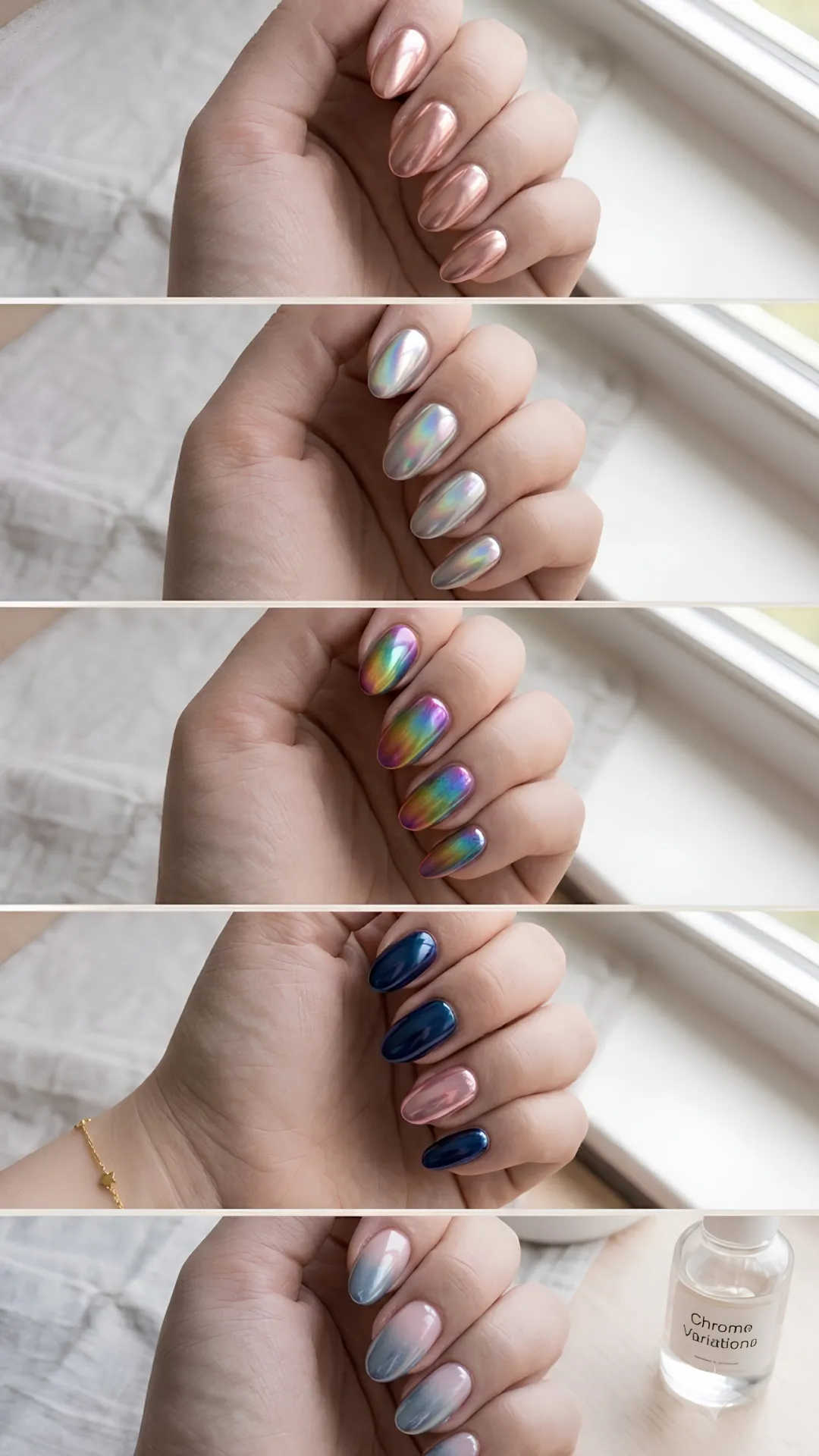 A vertical collage showcasing five different chrome nail variations: rose gold chrome (top), holographic silver, oil-slick multi-chrome gradient, deep metallic navy mixed with rose gold, and a subtle pastel pink-to-blue chrome ombré (bottom).