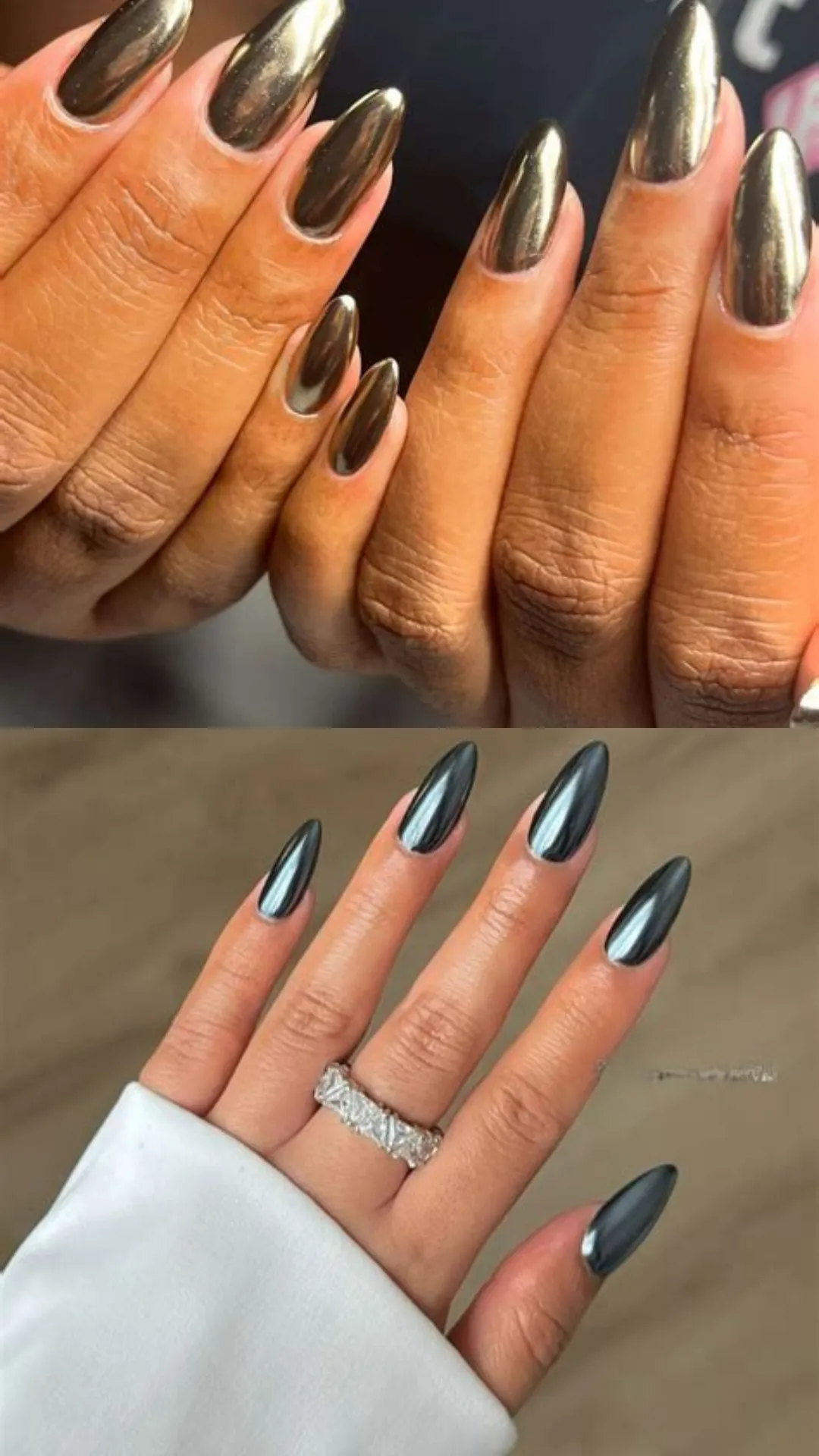 A two-panel preview of high-shine metallic chrome manicures; the top displays long almond nails with a mirror-like liquid bronze and gold chrome finish. The bottom displays a striking set of sharp almond nails coated in a futuristic, high-gloss gunmetal grey chrome polish.