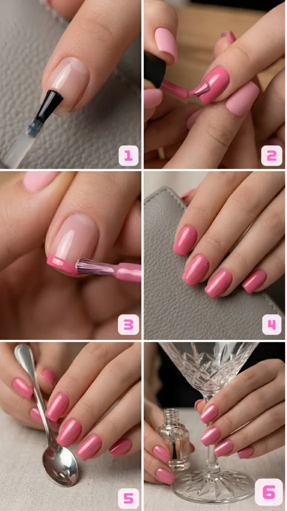 A collage of six images showing step-by-step application and finishes. Panel 1: Applying a clear glossy base coat brush onto a natural nail. Panel 2: Painting a solid pink layer over a lighter base coat. Panel 3: Carefully brushing a dark pink French manicure tip. Panel 4: Finished glossy mid-tone pink manicure resting on a gray leather background. Panel 5: The same glossy pink nails holding a silver spoon. Panel 6: Reflective pink manicure holding the stem of a crystal glass.