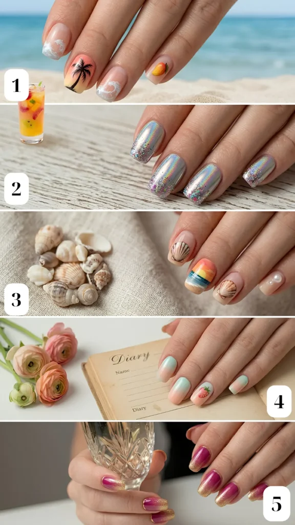 A collage of five scenic and lifestyle-focused summer manicures. 1: Tropical theme featuring hand-painted waves, a palm tree, and a mango next to a tiny cocktail. 2: Futuristic silver chrome base accented with colorful glitter at the cuticles. 3: Ocean sunset gradient paired with delicate 3D seashell and pearl details. 4: Soft pastel peach-to-mint-green ombre featuring a small strawberry illustration. 5: Deep berry-pink gradient tipped with a sparkling gold glitter finish.