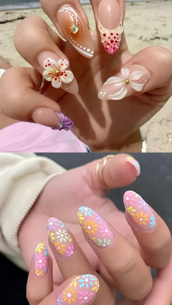 A two-panel image showing floral summer nail designs on long oval nails. The top panel features large, 3D sculptural white flowers on a sheer nude base, while the bottom panel shows a colorful matte manicure decorated with dozens of tiny pastel daisies in yellow, blue, and purple.