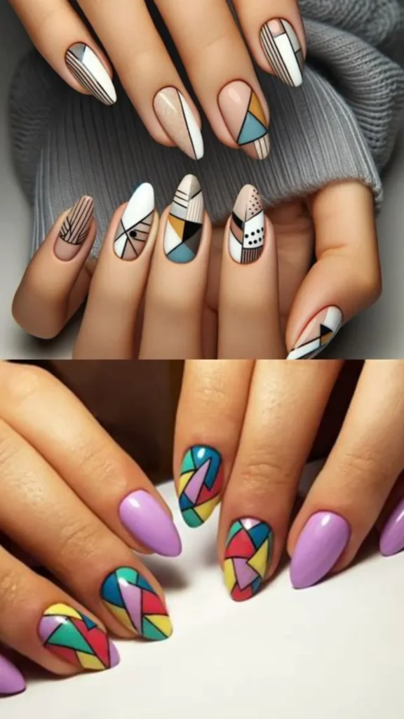 A two-panel showcase of intricate geometric mosaic nail patterns. The top panel displays a collection of almond nails with modern, earth-toned geometric layouts combining stripes, dots, and color blocks in teal, cream, black, and beige. The bottom panel features a vibrant stained-glass mosaic design with shards of bright primary colors outlined in black, balanced by solid pastel lavender accent nails.
