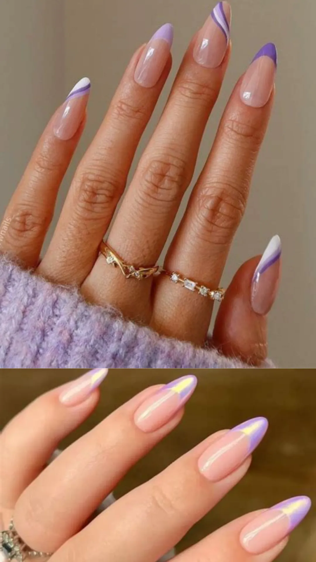 Modern abstract French tips with asymmetric purple and white waves on a nude base (top) next to an elegant almond manicure with iridescent holographic lavender French tips that glow in the light (bottom).