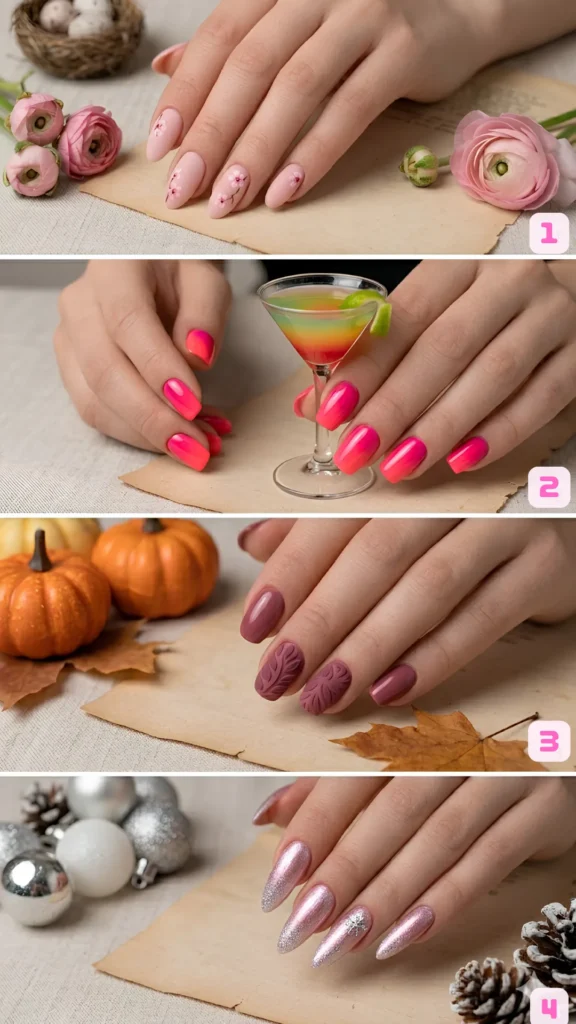 A collage of four seasonally themed pink nail designs. Panel 1: Delicate cherry blossom floral art painted on soft pink nails next to spring ranunculus flowers. Panel 2: A vibrant neon pink-to-orange summer gradient holding a tiny colorful cocktail martini glass. Panel 3: Dusty rose-pink autumn nails featuring two accent nails with a 3D embossed knit leaf texture next to mini pumpkins. Panel 4: Long stiletto nails with shimmering pink glitter and a white snowflake accent for a winter holiday look.