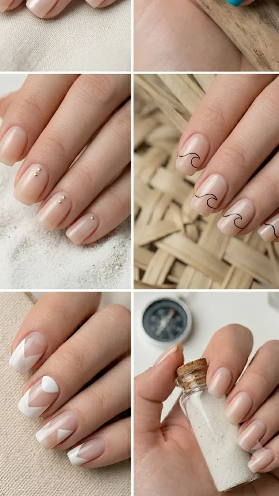 A collage of four minimalist beach manicure ideas on short, square-oval nails. The sheer, natural nude bases are adorned with subtle vacation accents, including tiny gold studs, fine black wave linework, geometric white abstract tips, and a completely clean glossy finish.
