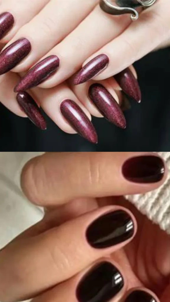A two-panel display of texture and depth. The top panel features long stiletto nails coated in a shimmering, textured metallic burgundy glitter that catches the light. The bottom panel shows short, cleanly manicured round nails with a timeless, high-gloss, near-black dark cherry finish.