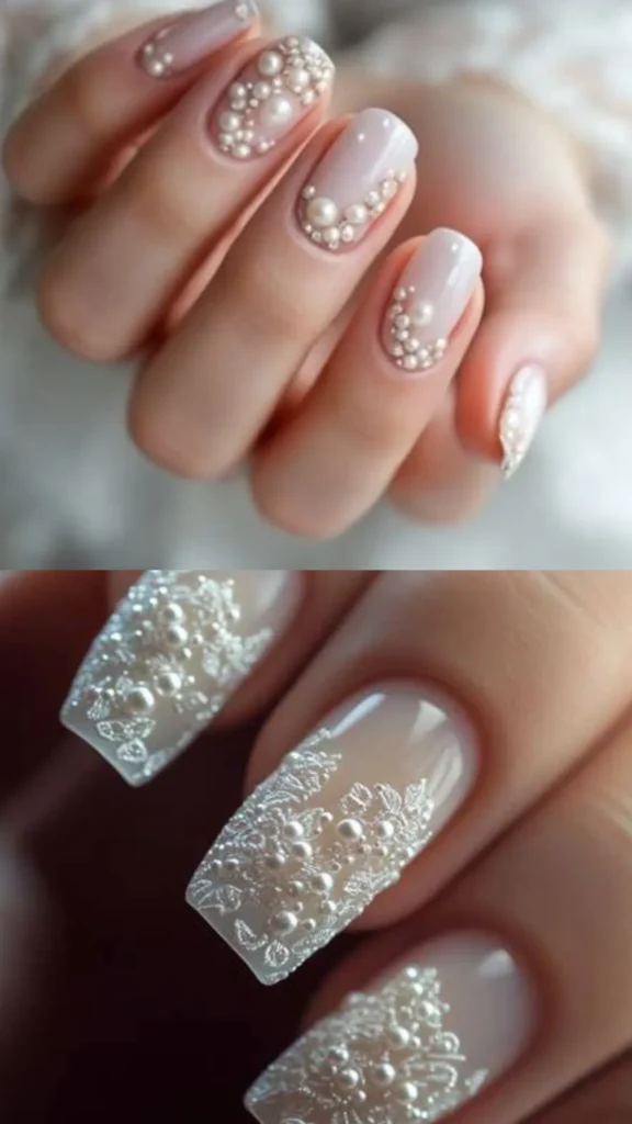 A two-panel visual of pearl-embellished wedding nails. The top panel shows shorter round nails with a milky white base decorated with elegant clusters of pearls along the cuticles. The bottom panel displays long square nails with intricate white lace patterns and embedded miniature pearls.