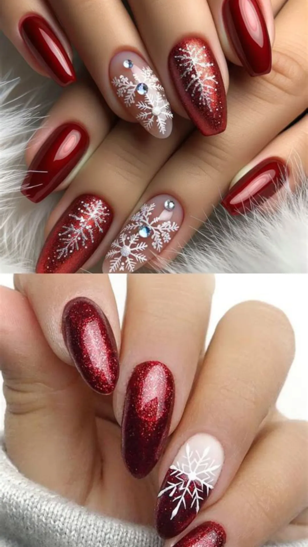 Elegant Christmas manicure featuring a mix of glossy deep red nails, textured red glitter accents, and sheer nude nails detailed with intricate white snowflakes and tiny rhinestones.