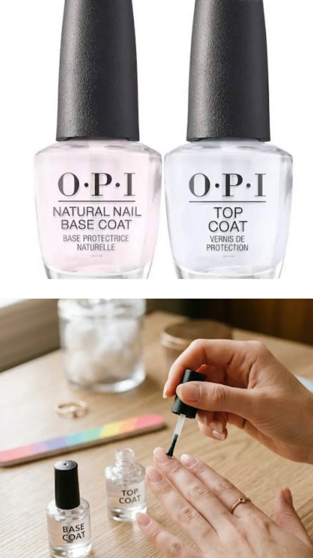 A composite image demonstrating essential prep and finish nail products. The top half shows two classic glass bottles of OPI nail lacquer against a stark white background: one is a sheer pink "Natural Nail Base Coat" and the other is a clear "Top Coat." The bottom half captures a first-person perspective of a person sitting at a wooden desk, using a small brush to carefully paint a clear protective layer onto their natural fingernails next to an open bottle labeled "Base Coat."